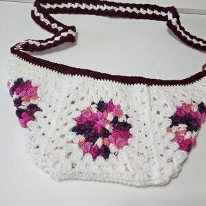 Crochet Sling Granny Square Bum Bag in White and Cranberry